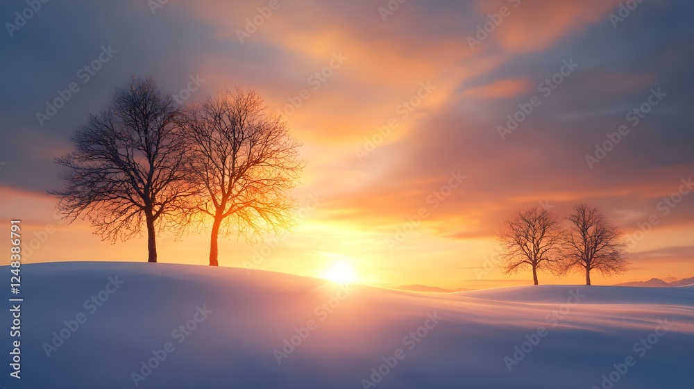 Winter Sunset Landscape with Silhouetted Trees Winter Sunset Landscape with Silhouetted Trees