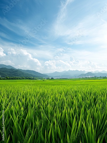 wide-angle photography of a carbon-neutral industrial park with integrated wind and solar power, green open spaces, clean architectural lines, vibrant landscape under a bright sky, peaceful and