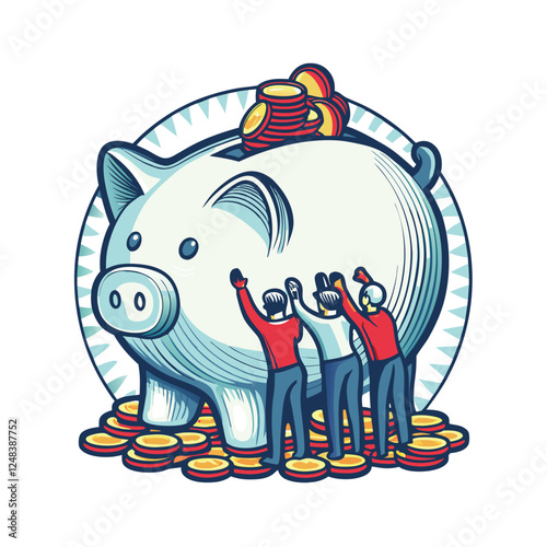 A colossal piggy bank overflowing with gold coins, tiny humans depositing more gold.  Illustrate wealth, savings, and financial abundance.