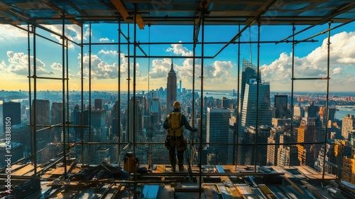 Construction Worker Views City Skyline From High Rise Building