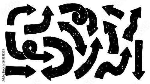 Hand Drawn Black Arrows Set. Doodle Direction pointer symbols. Dynamic various shape silhouette. Straight and curvy infographic design elements. Pencil drawing vector illustration
