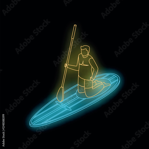 Neon sign of a man kneeling on a stand up paddle board, holding a paddle