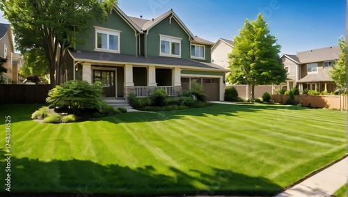 A lush green lawn in a sunny suburban neighborhood symbolizes relaxation and community living