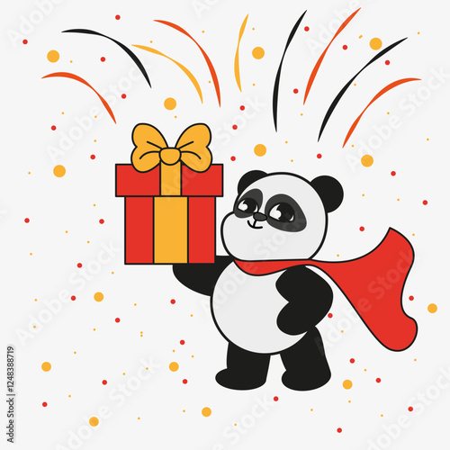 Panda in red cape holding gift isolated fireworks and confetti on background for design, illustration, web design, 