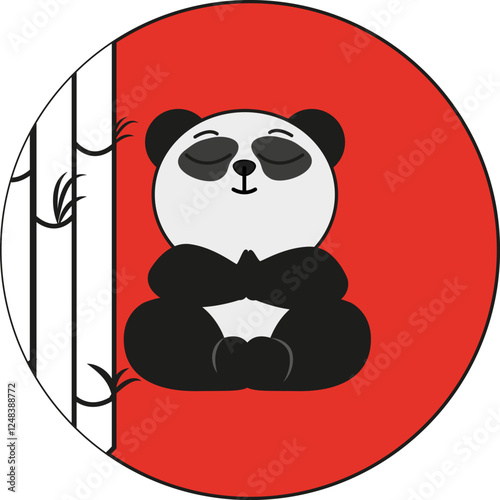 panda meditating under the moon on a red background with the word balance vector illustration