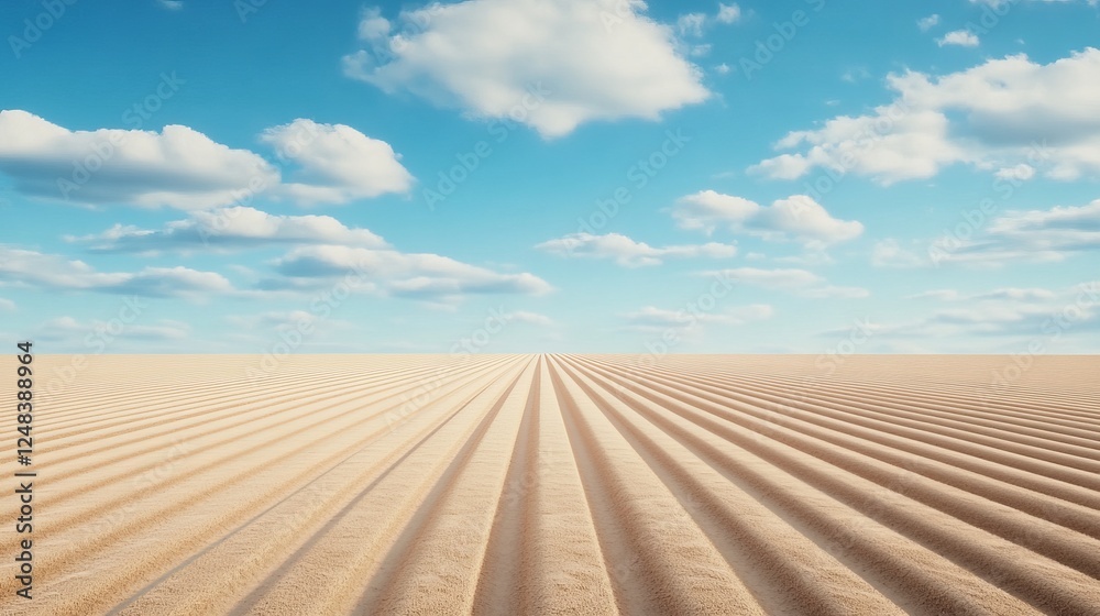 Fototapeta premium Rows of freshly plowed soil ready for planting under a bright blue sky with fluffy clouds. Generative AI
