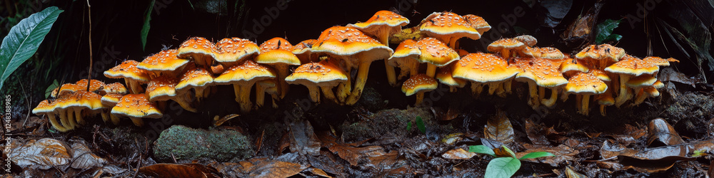 A row of vibrant orange mushrooms grows on a forest floor among fallen leaves. Concept of nature and fungi. For nature and biology education. A row of vibrant orange mushrooms grows on a forest floor among fallen leaves. Concept of nature and fungi. For nature and biology education.
