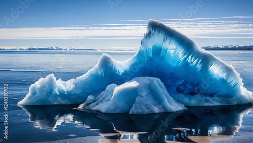 A sparkling blue ice formation floats serenely on calm ocean waters beneath a sunny sky, evoking coolness and natural beauty