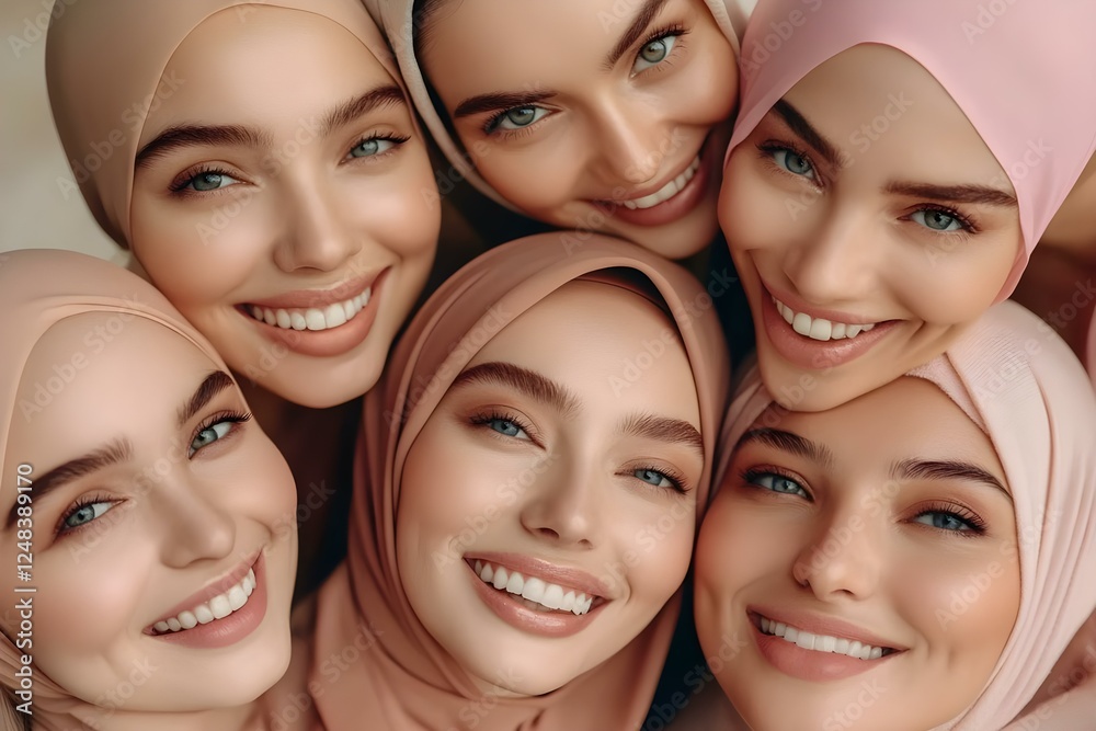 Obraz premium A group of six women wearing hijabs, all smiling and displaying joyful expressions in a close-up portrait. Concept Diverse Friendship, Joyful Expressions, Close-Up Portrait, Cultural Celebration