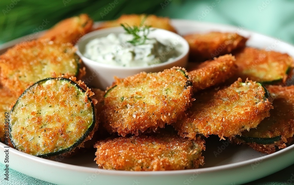 Crispy fried zucchini fritters with tzatziki sauce, plated on a pastel green background Crispy fried zucchini fritters with tzatziki sauce, plated on a pastel green background