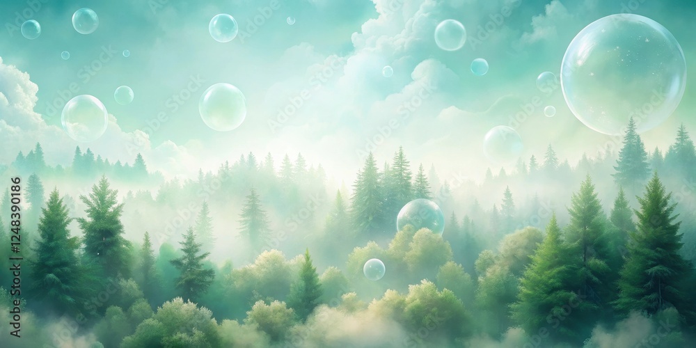 Enchanted Forest Dreamscape Floating Bubbles Above Misty Pine Trees in a Serene, Ethereal Atmosphere Enchanted Forest Dreamscape Floating Bubbles Above Misty Pine Trees in a Serene, Ethereal Atmosphere