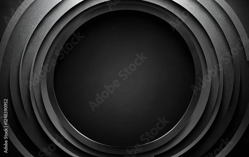 Geometric grayscale circle shapes on an abstract black and white background with a grainy noise texture, designed for a dark banner, poster, or cover