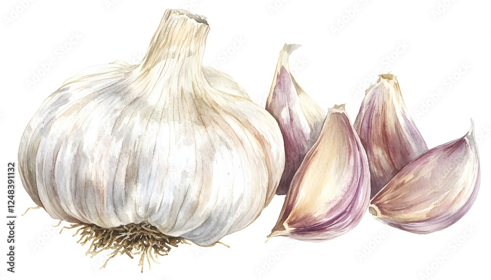 Obraz premium Watercolor depiction of a garlic bulb and several garlic cloves