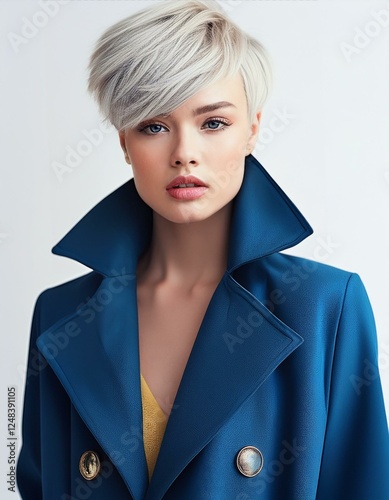a blonde woman with short hair wearing a light blue coat on a white background, fashion photography, fall winter collection