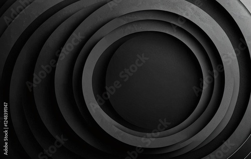 Abstract black and white background featuring geometric grayscale circle shapes and a grainy noise texture, suitable for a dark banner, poster, or cover design