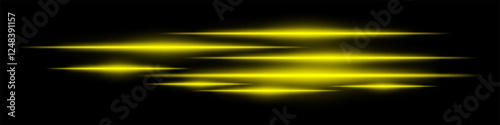 Glowing yellow light streaks on a black background. Horizontal neon beams create a futuristic and high-speed motion effect. Technology, sci-fi, digital energy, and abstract design themes