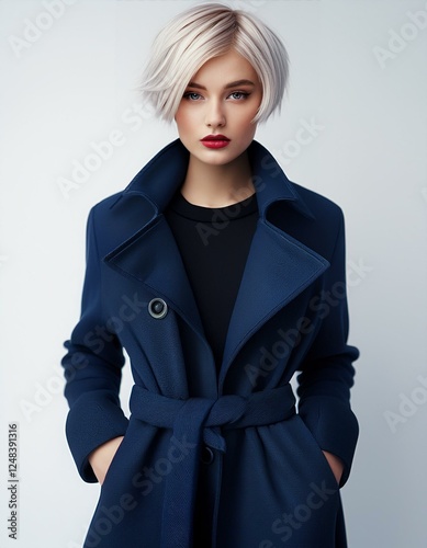 a blonde woman with short hair wearing a dark blue coat on a white background, fashion photography, fall winter collection