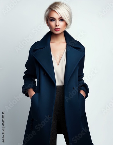 a blonde woman with short hair wearing a dark blue coat on a white background, fashion photography, fall winter collection