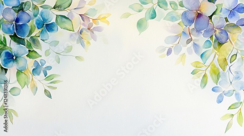 Watercolor Painting of Blue Flowers and Green Leaves
