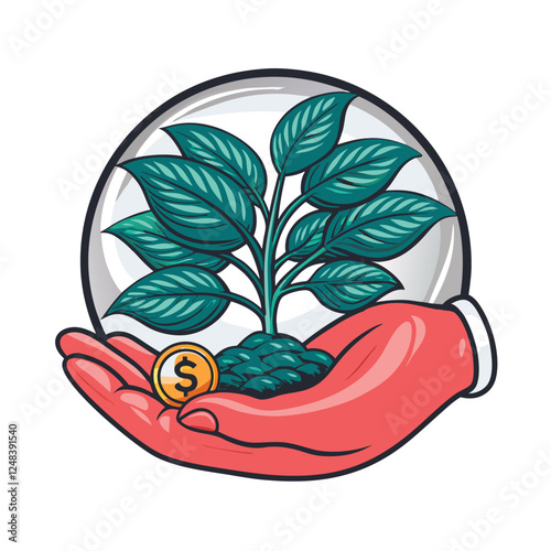 A close-up shot of a hand gently cradling a small, vibrant green plant, with a single coin resting beside it on soil; emphasizing careful nurturing and growth.
