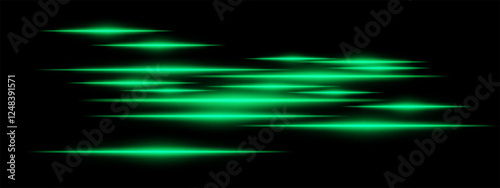 Glowing green light streaks on a black background. Horizontal neon beams create a high-speed motion effect, symbolizing futuristic technology and digital energy. Sci-fi, cyber, abstract design