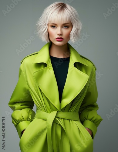 a blonde woman with short hair wearing a green lime coat on a light grey background, fashion photography, fall winter collection