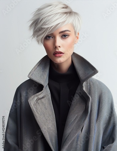 a blonde woman with short hair wearing a grey coat on a light grey background, fashion photography, fall winter collection