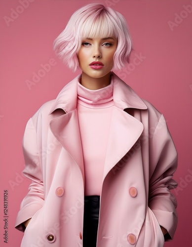 a blonde woman with short hair wearing a pink coat on a pink background, fashion photography, fall winter collection