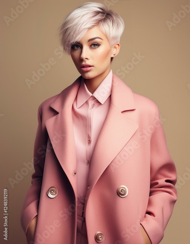 a blonde woman with short hair wearing a pink coat on a cream color background, fashion photography, fall winter collection