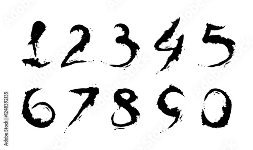Bold brush drawn grunge numbers. Dirty textured vector numbers.  Hand drawn digits in grunge style. Strokes vector texture. Numbers drawn with brush japanese style. Set of numbers in graffiti style