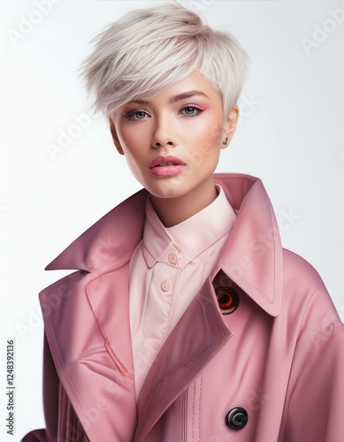 a blonde woman with short hair wearing a pink coat on a white background, fashion photography, fall winter collection