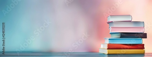 A stack of colorful books on the right side with a blurred white background, creating a clean advertisement banner design with a focus on simplicity colors, perfect for education, knowledge, ,reading