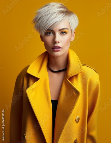 a blonde woman with short hair wearing a yellow coat on a yellow background, fashion photography, fall winter collection