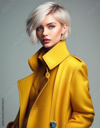 a blonde woman with short hair wearing a yellow coat on a light grey background, fashion photography, fall winter collection