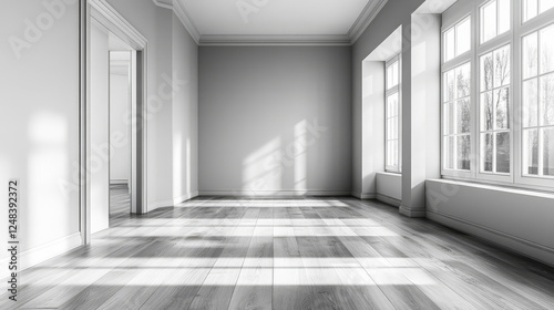 An Empty Room Captured in Black and White 3d render illustration. 3D Illustration