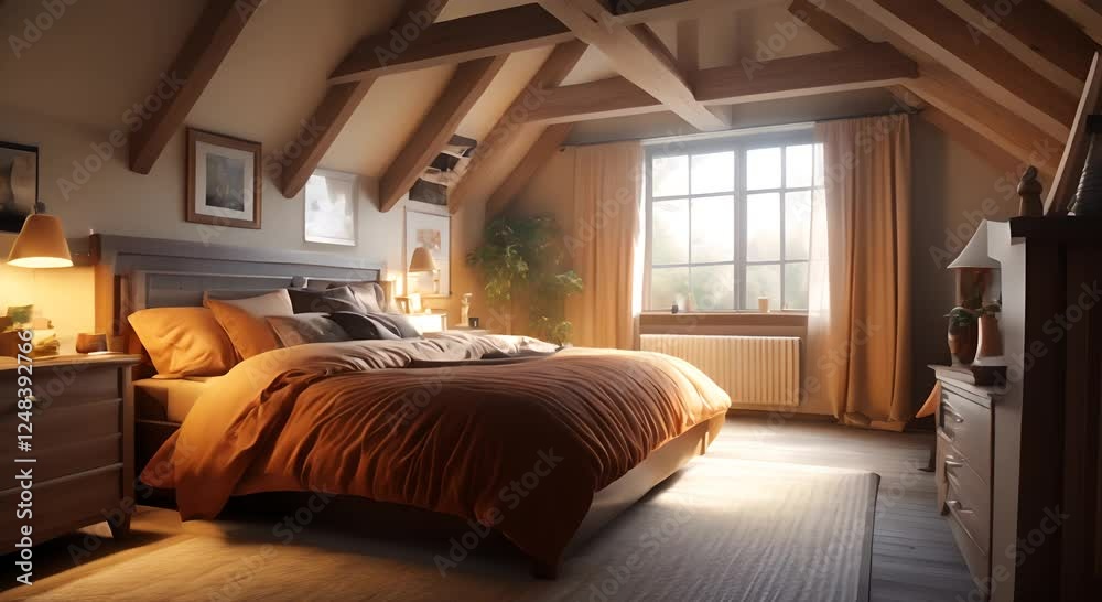 Rustic Bedroom Design: Warm Light and Wooden Beams