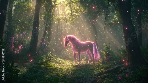 Pink Unicorn In A Magical Forest Enchantment photo