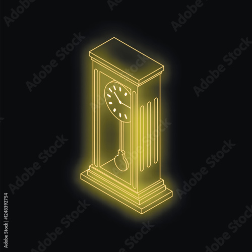 Grandfather clock shining in gold neon light on black background