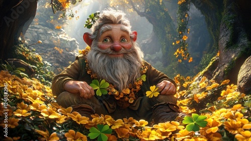 A jovial gnome sits amidst yellow flowers and shamrocks