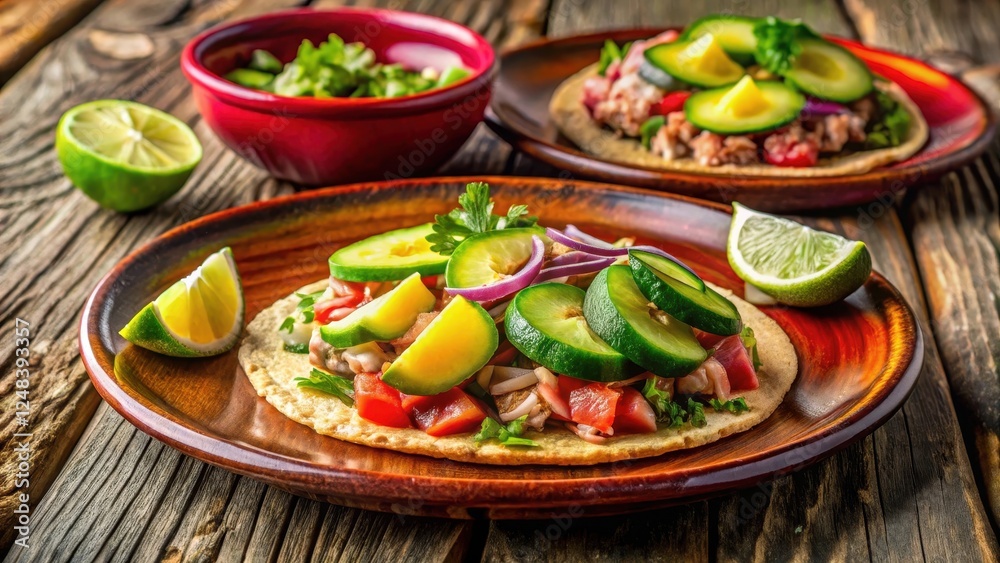 Delicious Savory Flatbread Topped with Fresh Cucumber, Avocado, and Red Onion Slices on Rustic Wooden Table Delicious Savory Flatbread Topped with Fresh Cucumber, Avocado, and Red Onion Slices on Rustic Wooden Table