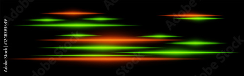 Glowing green and orange light streaks on a black background. Horizontal neon beams create a high-speed motion effect, representing futuristic energy and digital acceleration