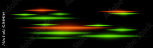 Glowing green and orange light streaks on a black background. Horizontal neon beams create a high-speed motion effect, representing futuristic energy and digital acceleration