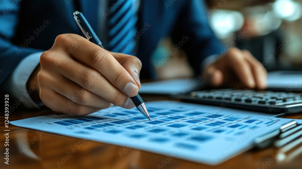 Accountant reviewing tax documents and balancing accounts in a professional setting Accountant reviewing tax documents and balancing accounts in a professional setting