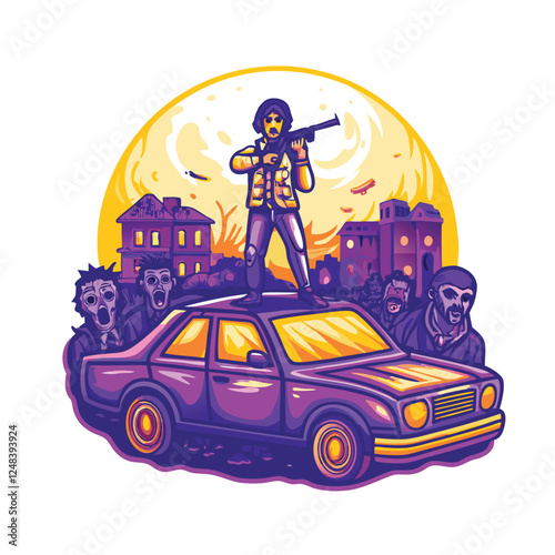 A lone, weathered survivor, clutching a shotgun, stands defiantly atop a crushed, rusting car in a post-apocalyptic wasteland.