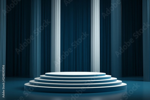 Empty tiered platform stage in dark blue and white columns photo