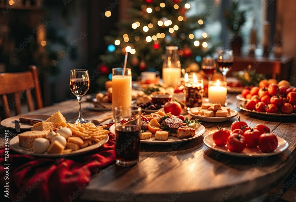 the morning after christmas day,table with alcohol and leftovers the morning after christmas day,table with alcohol and leftovers