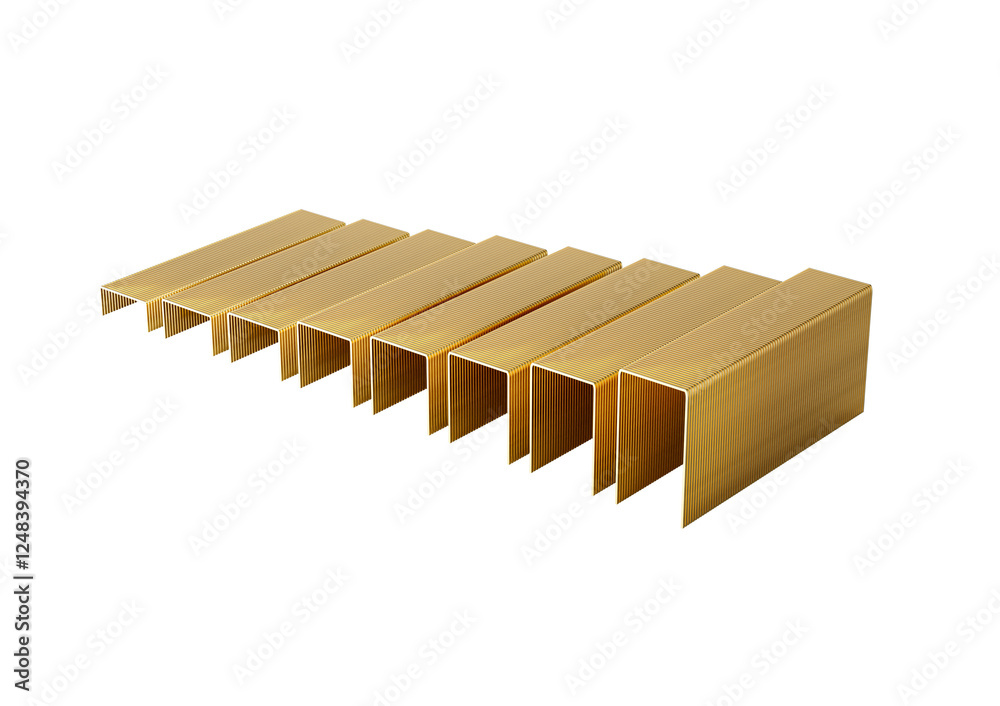 A Series Of Golden Metal Staple Pins Arranged In Parallel Rows On White Background 3D Illustration A Series Of Golden Metal Staple Pins Arranged In Parallel Rows On White Background 3D Illustration