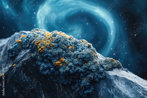 Lichen-covered rock against a backdrop of swirling nebulae and stars, evoking a sense of cosmic wonder. photo