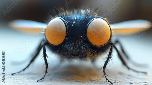 A 3D cartoon fly with big eyes and tiny wings, buzzing on a white background. photo