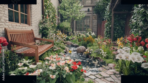 A charming English garden with a small brook flowing through vibrant flower beds and a vintage wooden bench. --chaos 20 --ar 16:9 --quality 2 --v 6.1 Job ID: 14184063-d2b6-400a-a56a-2e328111269e